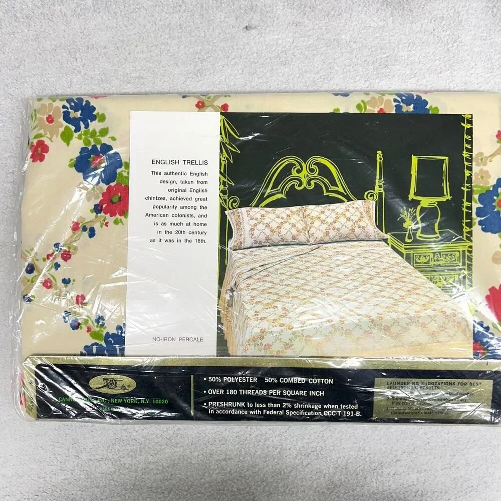 Vtg Cannon Royal Family English Trellis Flat sheet, red white flowers sealed
